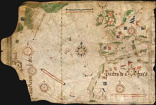 Image 36Nautical chart by Pedro Reinel (c. 1504), one of the first based on astronomical observations and to depict a scale of latitudes. (from History of cartography)