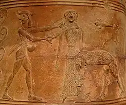 Fig. 1. Horse-bodied Gorgon (Medusa) being decapitated by Perseus with averted gaze; Boetian relief pithos, Louvre CA 795 (mid-seventh century BC)[67]