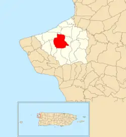 Location of Piedras Blancas within the municipality of Aguada shown in red