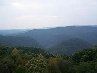Forested green mountains viewed from a mountaintop.
