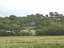 buildings surrounded by trees, fields in the foreground