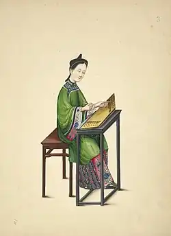 A woman wearing an ao with a long skirt, Playing a zheng, from 1800.
