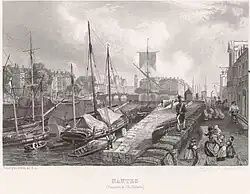 Port activity on Île Gloriette [fr] in 1850.