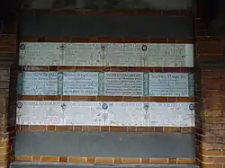 Memorial tablets arranged in three rows on a wall. Those in the centre are in the green and white Arts and Crafts Movement style, while those above and below are in the more recent design. There are empty rows above and below the three filled rows.