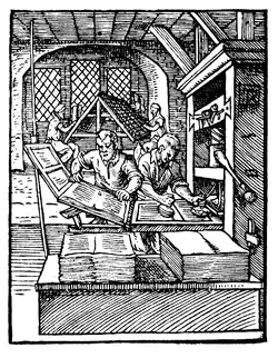 A woodcut from 1568 showing an old printing press