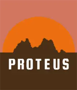 Pixelated hills are silhouetted against an orange sunset. The word Proteus is written in white.