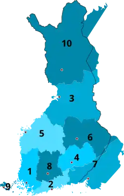 1938-1940; 1941–1944   1 Turku and Pori   2 Uusimaa   3 Oulu   4 Mikkeli   5 Vaasa   6 Kuopio   7 Viipuri   8 Tavastia   9 Åland 10 Lapland