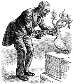 Cartoon from Punch, 1919. "OVERWEIGHTED. President Wilson: 'Here's your olive branch. Now get busy.' Dove of Peace: 'Of course I want to please everybody; but isn't this a bit thick?'"