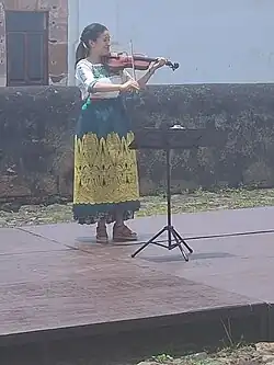 woman in a green apron with complex yellow embrodery, playing a violin