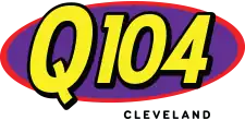 A purple oval with red trim with "Q104" in large oblique yellow type, with a black outline; at the bottom right corner is "CLEVELAND" in small black text.
