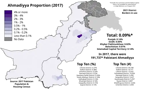 Ahmadiyya proportion of each Pakistani District of each Pakistani District as of the 2017 Pakistan Census
