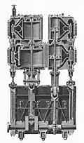 Cutaway diagram of a quadruple-expansion steam engine, showing four double-acting cylinders of increasing size