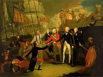 Nelson receives the surrender of the San José from her captain, the Spanish Admiral, Don Francisco Javier Winthuysen y Pineda lies mortally wounded on the deck