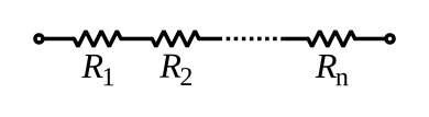 Circuit diagram of several resistors, labelled R1, R2 ... Rn, connected end to end