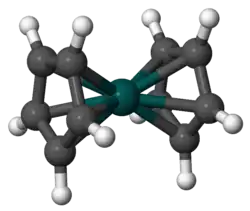 Skeletal structure of the staggered conformation of rhodocene