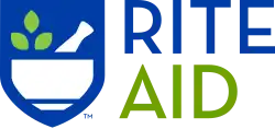 The logo for Rite Aid, featuring the word "Rite" in blue above, "Aid" in green underneath, and both words in all capital letters. To the left of the words is a stylized depiction of a mortar and pestle.