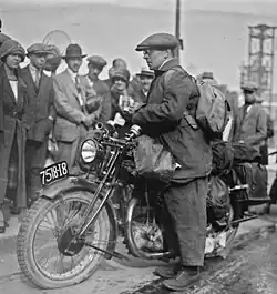 Robert Sexé leaving for Scandinavia on a motorbike, 1928