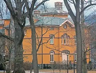 An elaborate mustard-yellow house seen through bare trees on an overcast evening