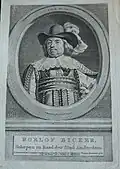 B. van der Helst pinxit J. Houbraken sculpsit, 82 years old, H. Pothoven del. after the Original Painting, in which it appears as Kapitein der Burgerij, based on the Court Martial Chamber of the City Hall in Amsterdam.