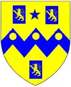 Arms of Henry Rolle of Petrockstowe: Or, on a fesse dancette between three billets azure each charged with a lion rampant of the first three bezants a mullet for difference