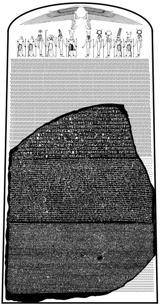 "Image of the Rosetta Stone set against a reconstructed image of the original stele it came from, showing 14 missing lines of hieroglyphic text and a group of Egyptian deities and symbols at the top"