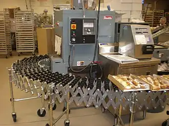 Shrink-wrapping trays of bakery goods