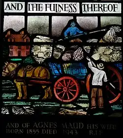 Detail from S.Matthew window in S.Margaret, Leiston, Suffolk, showing her childhood home, Lower Abbey Farm, Leiston, Suffolk