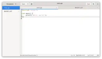 gedit displaying an "Hello, world!" script written in C++ with one other tab