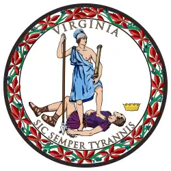 A circular seal with the words "Virginia" on the top and "Sic Semper Tyrannis" on the bottom. In the center, a woman wearing a blue toga and Athenian helmet stands on the chest of dead man wearing a purple breastplate and skirt. The woman holds a spear and sheathed sword. The man holds a broken chain while his crown lies away from the figures. Orange leaves encircle the seal.