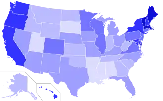 Percent of self-identified liberals by state in 2018