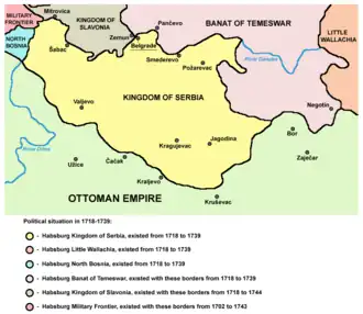 Central regions of Serbia divided between Habsburgs and Ottomans, from 1718 to 1739
