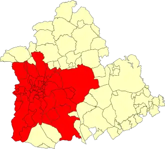 Seville metropolitan area (in red) inside Seville Province