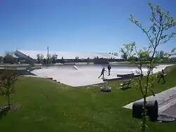 Curt Brinkman Park features a skateboarding park that was created by James Simpson in 1994. Shelley High School is in the background.
