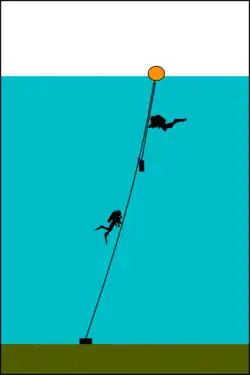 Top tensioned shotline: The line passes through a ring at the float and is tensioned by a smaller weight hanging from it. This weight may be hooked to the main part of the line by a sliding clip to restrain it from swinging.