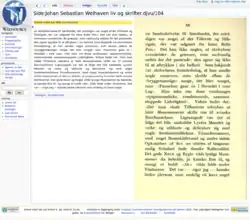 Screen shot of Norwegian Wikisource. The text can be seen on the left of the screen with the scanned image displayed on the right.