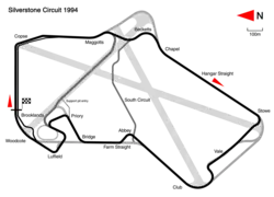 1994: Copse tightened; Maggotts and Becketts resurfaced; Stowe tightened with Vale straightened into tighter Club left apex; Abbey Chicane added; and Priory slower and moved closer to Bridge. Pit entry also rerouted more safely behind wall. Track length: 5.057 km. Lap record: Damon Hill, Williams-Renault, 1:24.960 (1994 British Grand Prix).