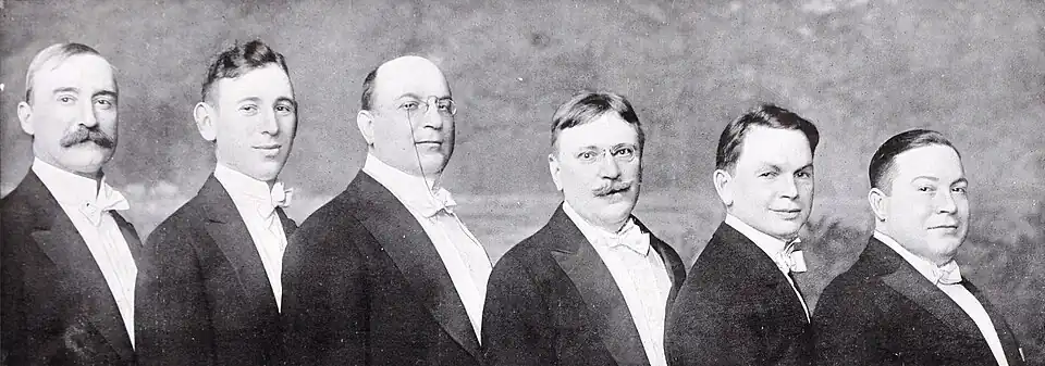 Cartoonist members of The Lambs in 1915. From left: Thomas E. Powers, Rube Goldberg, Henry Mayer, Richard Outcault, Clare Briggs, George McManus.