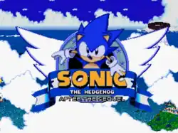 A cartoon hedgehog looks upward optimistically at the camera. He appears in a logo that forms the focal point of the screen and contains the text "Sonic the Hedgehog After the Sequel". The background consists of clouds over a shimmering ocean, with part of an island visible in the lower-right corner.