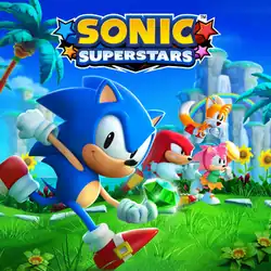 Key artwork for the game set in the game's first level, Bridge Island Zone. The logo is located at the top, and below are the four playable characters. Sonic is at the forefront holding a green Chaos Emerald, with Knuckles, Tails and Amy (from left to right) next to him.