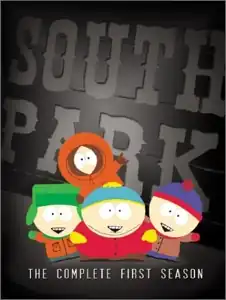 A gray box contains four crudely drawn cartoon children waving their hands. They have big round heads and wear colorful winter clothes. Behind them is "SOUTH PARK" in big letters, and below them is "THE COMPLETE FIRST SEASON".