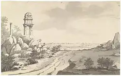 View of Bangalore Fort, from the Kempegowda South Tower. South view of Bangalore with the fortress in the distance by Robert Home (1752-1834) in 1792[26]