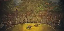 Painting of a traditional cockfighting village scene in southern Thailand