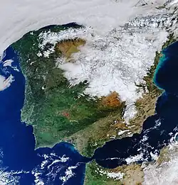 Snowfall from Storm Filomena visible on the Iberian Peninsula in January, 2021