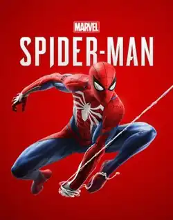Spider-Man, a superhero in a blue and red suit and mask with a large white symbol on his chest, swings on a strand of webbing towards the right side of him. The words "Spider-Man" are written in white text in front of him.