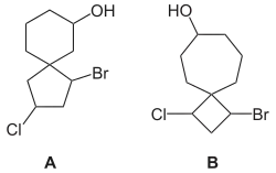 (A) 1-Bromo-3-chlorospiro[4.5]decan-7-ol, and (B) '1-bromo-3-chlorospiro[3.6]decan-7-ol.