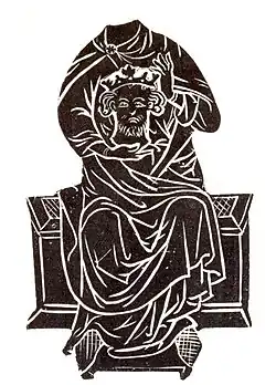 The martyred Anglo-Saxon king Æthelberht II of East Anglia (depiction of a brass plate from Hereford Cathedral).