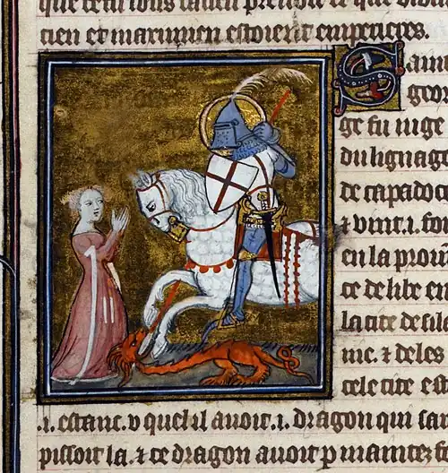 Miniature of George and the Dragon, ms. of the Legenda Aurea, Paris, 1382 (BL Royal 19 B XVII, f. 109).