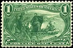 The 1-cent value depicted Father Marquette on the Mississippi River.