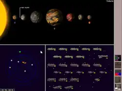 A view of the planetary management screen, with three frames. The top frame shows the star and its planets, where the bottom left-frame shows those planets in orbit from a top-down perspective. The bottom-right frame shows the ships that have been constructed by the planetary colonies.