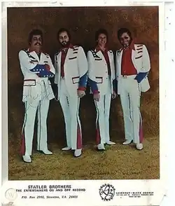 A promotional image of the Statler Brothers, 1970s. From left to right: Harold Reid, Don Reid, Phil Balsley, and Lew DeWitt.